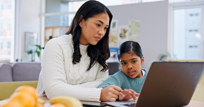 Laptop, mother and child in home for elearning, online lesson and help with study support. Asian family, parent and girl with computer for education, development and academic guidance in homeschool