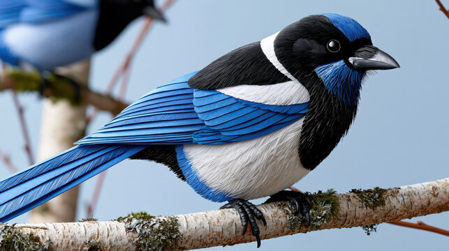 Blue magpie songbird perched bird tree branch detailed feather wildlife nature closeup vibrant color side view blue magpie songbird perched bird tree branch showing detailed feather wildlife