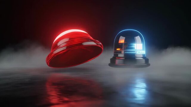 Emergency siren lights rotating with atmospheric smoke and dramatic lighting for urgent alerts