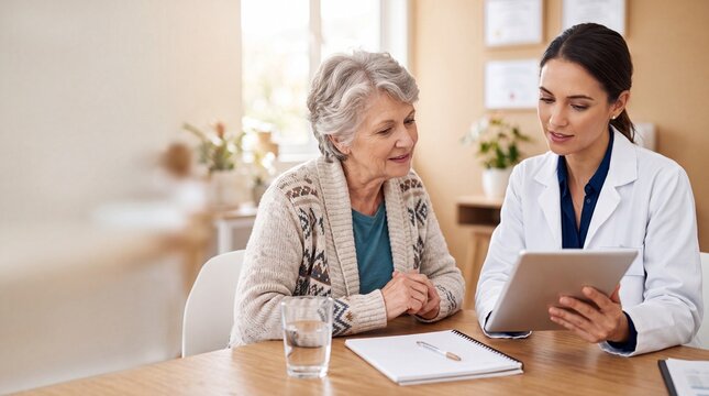 A compassionate healthcare professional meticulously reviews patient data with an elderly woman, fostering trust and shared understanding through clear communication and modern technology.