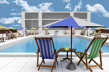 Fototapeta premium Piscina esterna vista dall’alto, circondata da ombrelloni colorati, lettini e tavolini, con edificio moderno sullo sfondo. Scena luminosa che rappresenta relax, turismo e lifestyle estivo.