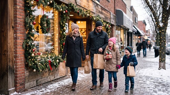 A joyful family strolls down a snow-dusted street adorned with festive holiday decorations, each person carrying shopping bags, embodying the spirit of a winter shopping spree.