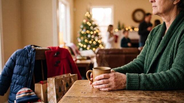 A pensive senior woman sits by a wooden table, cradling a warm mug, with a festive Christmas tree and blurred figures in the background.