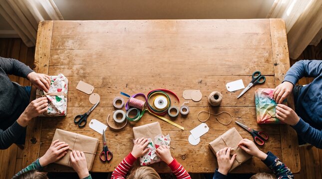A group of people are shown from above, sitting around a rustic wooden table, busily wrapping gifts with various colorful ribbons, scissors, and gift tags.