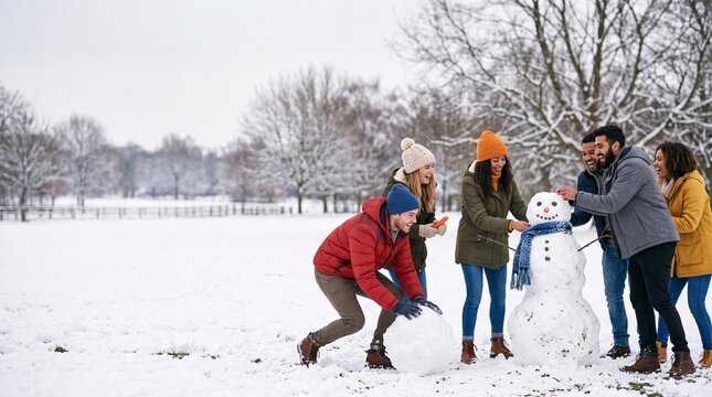 A group of joyful friends collaboratively constructs a snowman in a picturesque, snow-covered park, embodying the spirit of winter merriment and camaraderie.