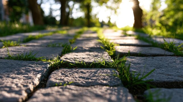 Sunlit stone path with grass growing between pavers, dappled light