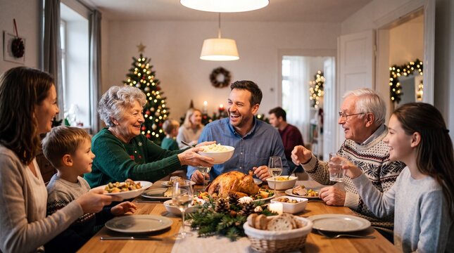 A warm and festive Christmas dinner brings together a multi-generational family, creating cherished memories around a beautifully adorned dining table.