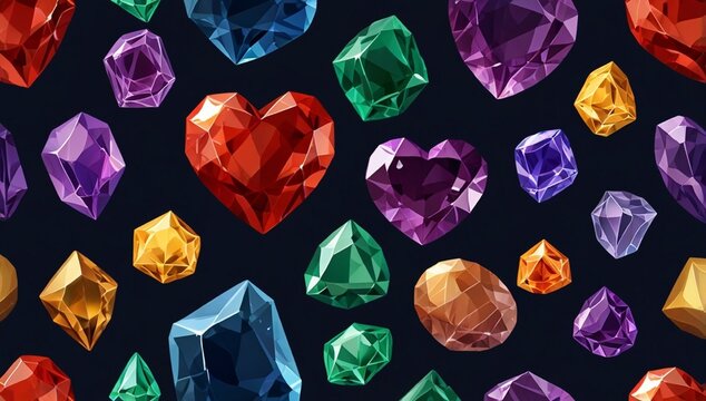 Magic gemstones set isolated on background. Vector cartoon illustration of red heart shape stone, golden rock, green emerald, blue crystal, purple amethyst, shimmering particles in air, treasure