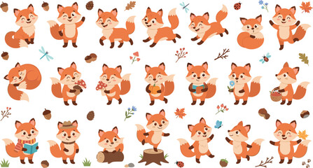Obraz premium Cute cartoon little fox character vector illustration set with autumn leaves acorns mushrooms and various funny emotional poses