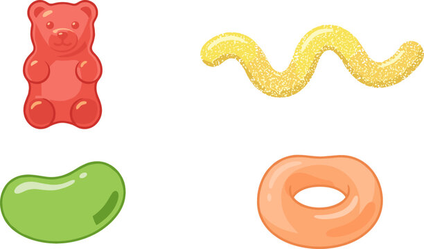 Gummy Candy Vector Icon Set Featuring Red Jelly Bear, Sugary Sour Worm, Green Jelly Bean, and Orange Glazed Ring Confectionery Treats