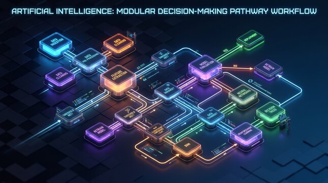 Futuristic AI Workflow Diagram with Glowing Modular Decision Making Pathways