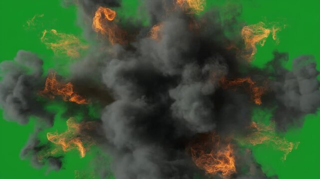 Fiery explosion sequence with smoke and embers against a green screen background