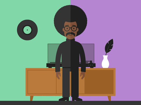 Retro Flat Vector Illustration of Man with Afro and Vinyl Record Player