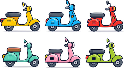 Classic scooter cartoon icon set vector illustration. Vintage moped motorcycle collection featuring colorful retro motorbikes in yellow, blue, red, mint green, pink, and lime green isolated on white b © metakritik