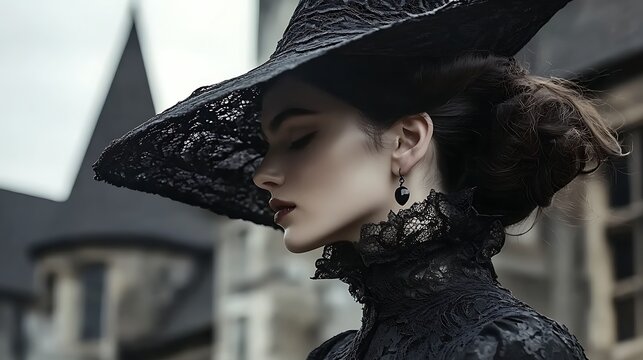 Elegant woman in a vintage black lace dress and wide-brimmed hat standing in front of an old gothic mansion