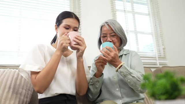 Senior woman and young caregiver enjoying a warm conversation on a sofa at home, highlighting compassionate elderly care and family support.
