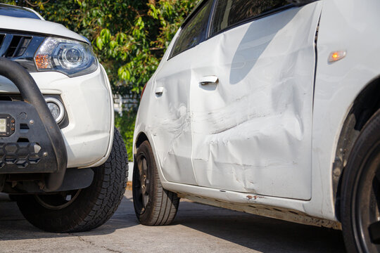 Car accident damage after collision on urban road