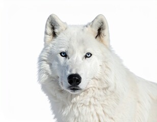 Fototapeta premium Portrait of an intense Arctic wolf head with piercing blue eyes isolated on white