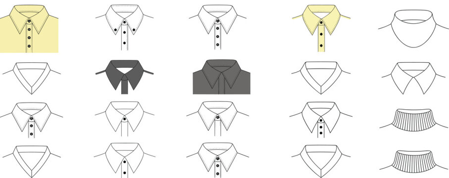 Fashion technical sketch of various shirt collar styles and necklines flat vector icons for design tech pack