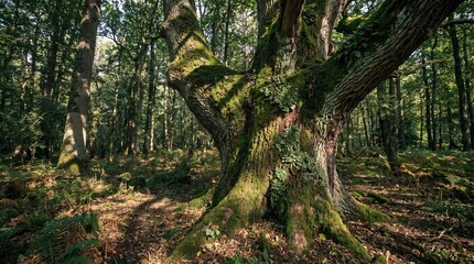 Fototapeta premium Large ancient oak tree with moss in a sunny deciduous forest