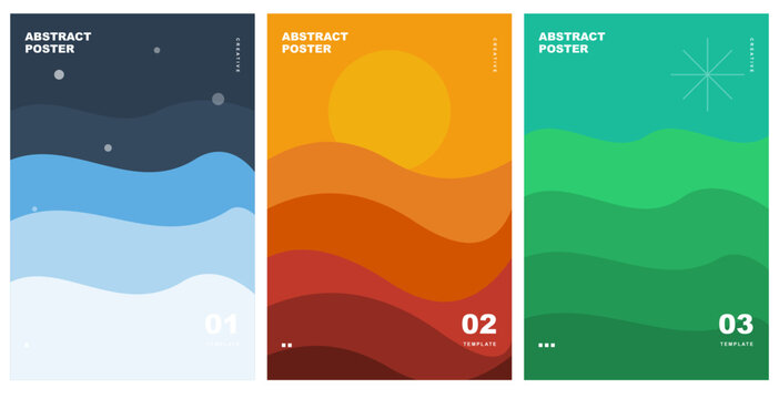 Set of abstract landscape posters with wavy layers, minimalist nature backgrounds, modern flat design templates for social media, banners, and flyers. Vector illustration.