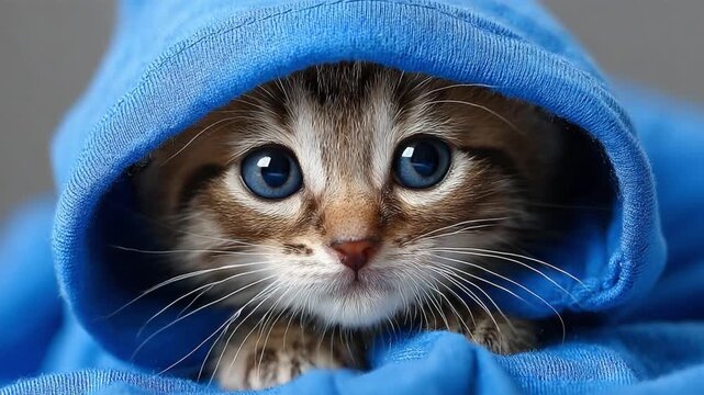 Adorable Kitten in Blue Hood: A fluffy kitten with big blue eyes peeks out from a cozy blue hood, looking irresistibly cute and curious.