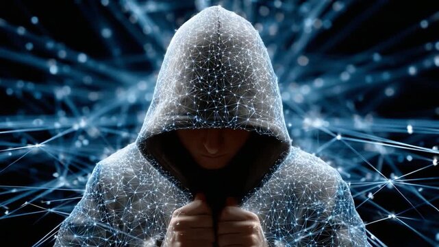 Cyber Threat: A mysterious figure in a hooded sweatshirt, covered in glowing digital particles, stands shrouded in darkness, surrounded by a network of interconnected lines.