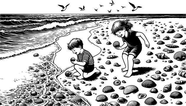 Children explore a rocky shoreline while collecting seashells along the edge of the ocean waves.