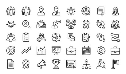 Fototapeta premium Minimal business management thin line vector icon set featuring teamwork employee assessment leadership and corporate development symbols on transparent background