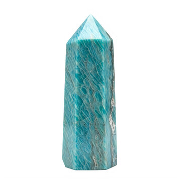 Polished blue amazonite crystal obelisk on transparent background