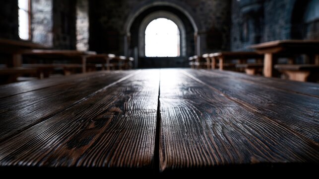 Aged wooden table in a dimly lit, historic hall with arched window