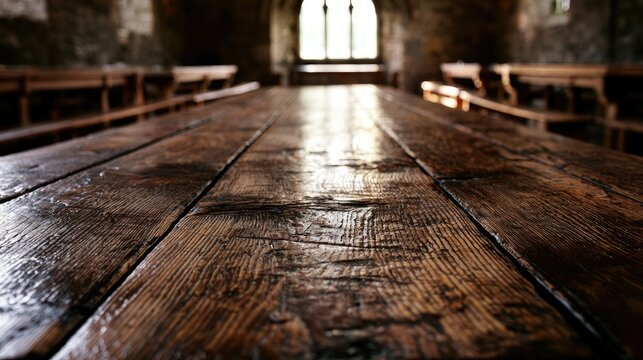 Aged wooden table in old hall, long benches, gothic window light