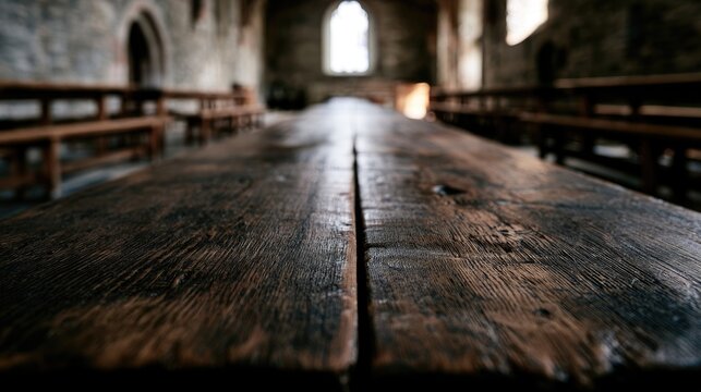 A long, worn wooden table stretches into the background of a dimly lit, ancient hall