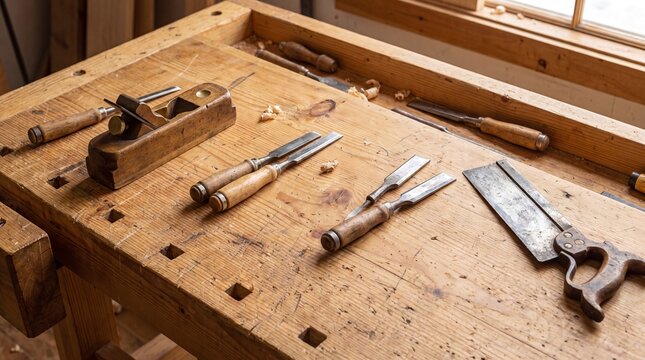 Vintage woodworking hand tools arranged on a rustic wooden workbench