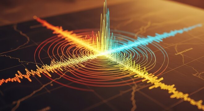 Abstract visualization of seismic wave data on a seismograph, representing earthquake activity and geological forces