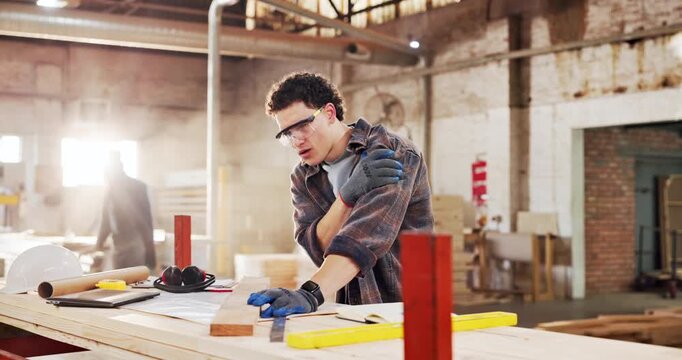 Carpentry, shoulder pain or man in factory with massage, muscle issue or fatigue in building project. Accident, overworked or carpenter with discomfort, arm strain or labor injury in woodworking.