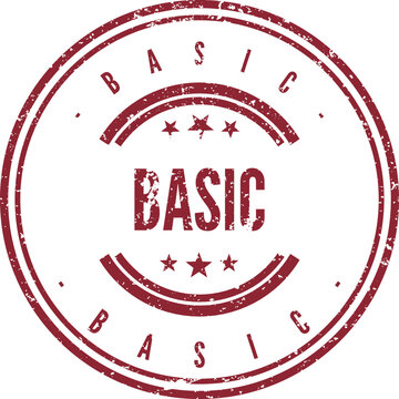 Grungy red circle stamp with the important word BASIC centered on a white page