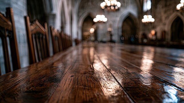 Polished wooden table and chairs in grand hall with chandeliers