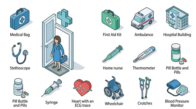 Isometric Medical and Healthcare Icon Set Featuring Doctor Ambulance Hospital Equipment and First Aid Supplies for Clinical Presentation and Graphic Design