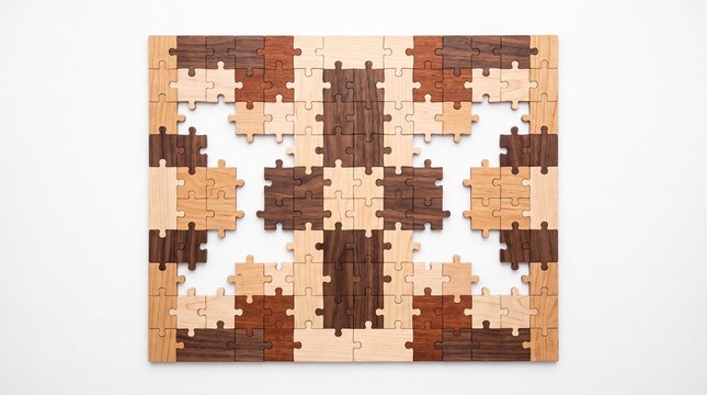 Wooden jigsaw puzzle pieces arranged in a symmetrical geometric pattern
