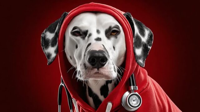 Dalmatian Doctor: A striking Dalmatian dog, dressed in a red hoodie and wearing a stethoscope around its neck, poses with a serious expression against a deep red background.