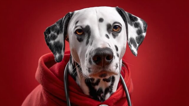 Dapper Dalmatian Portrait: A charming Dalmatian dog, adorned in a stylish red hoodie and a stethoscope, poses with a serious expression against a vibrant red backdrop.