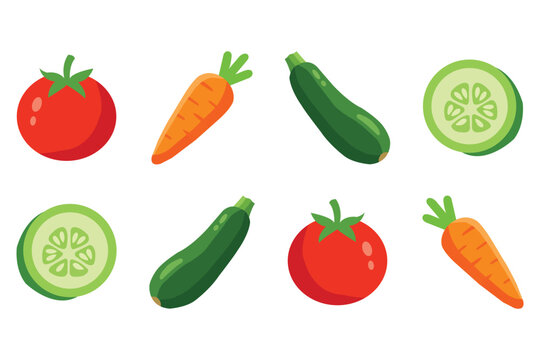 Set of fresh vegetables including tomato, carrot, zucchini, and cucumber slices