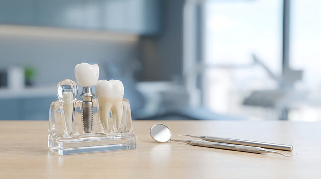Dental implants and instruments on wooden surface, medical photography teeth