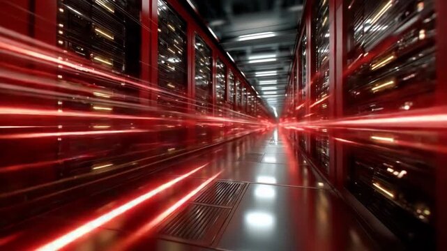 Digital Data Highway: Blazing red light streams signify rapid data transfer through a futuristic server room, highlighting the speed and efficiency of modern technology.