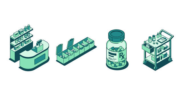 Isometric pharmacy and hospital equipment collection with drug counter pill organizer prescription bottle and medical cart for healthcare design