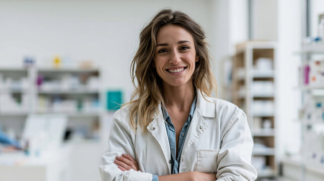 beautiful european happy pharmacist woman portrait, smiling female pharmacist in studio portrait, professional healthcare pharmacist halfbody portrait