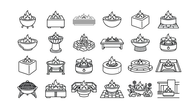 Modern fire pit line icons set, outdoor backyard fireplace vector collection, 24 minimalist bonfire and patio heater symbols for landscape design
