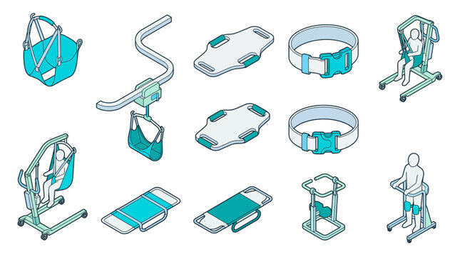 Isometric medical equipment set for patient transfer and mobility assistance including hoists slings and support belts for nursing care and physical therapy