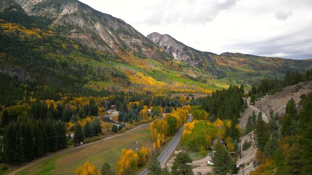 Aerial view of a mountain valley during autumn fall colors at Marble, Colorado.